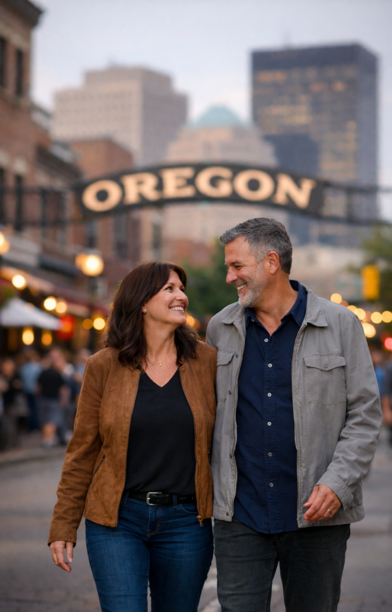 Couple walking through Dayton's Oregon District