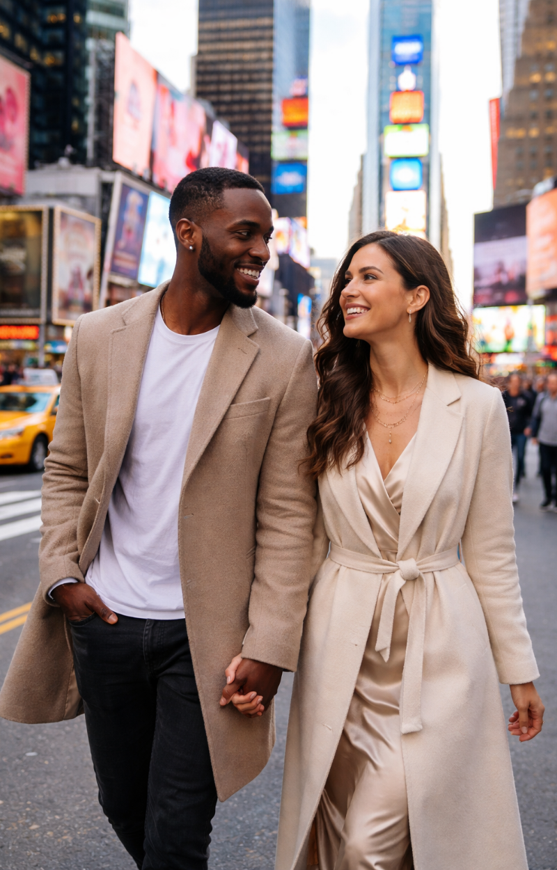 A couple walking together in downtown New York City.