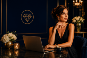 Elegant woman in a black dress seated in a luxurious navy and gold setting, representing The Elevated Circle luxury matchmaking membership.