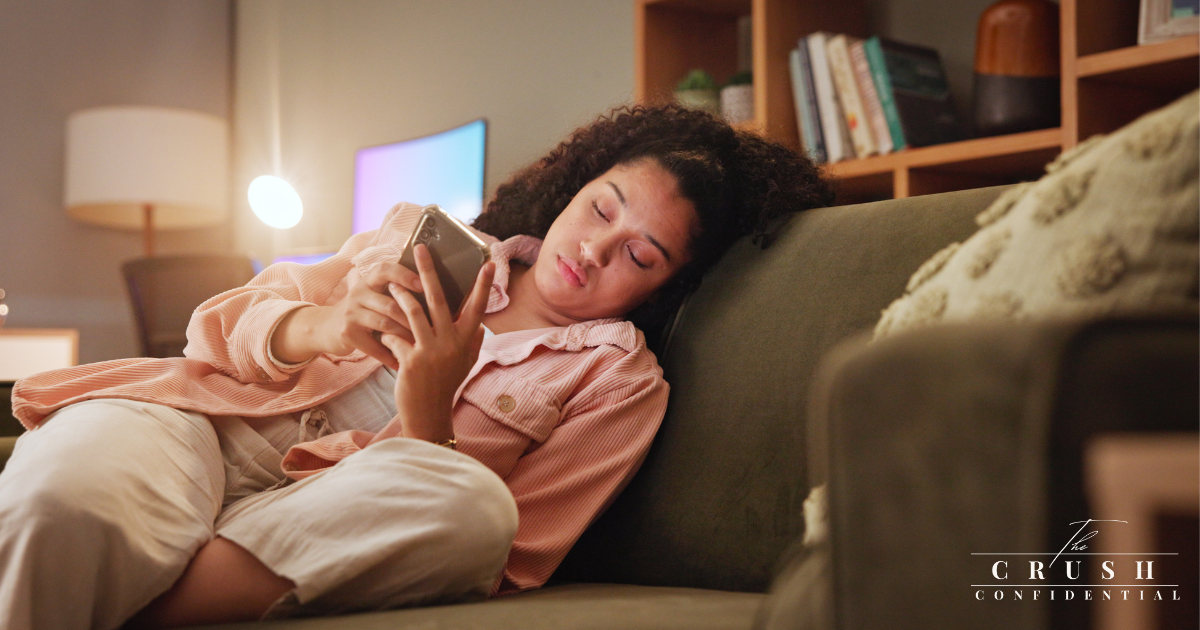 Woman unhappy scrolling on a dating app.