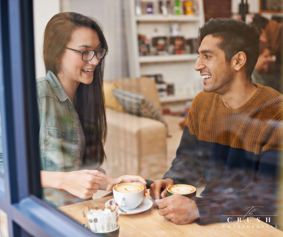 Two people smiling over coffee on a third date, symbolizing The Crush Confidential’s 3-Date Model approach.